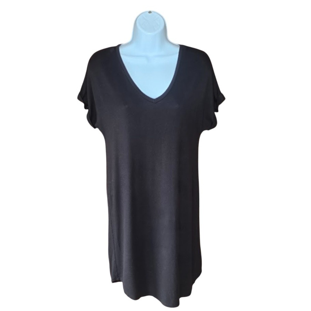 Antistar Black V-Neck Tunic Shirt Dress Cuffed Sleeve Women XS Casual Loungewear